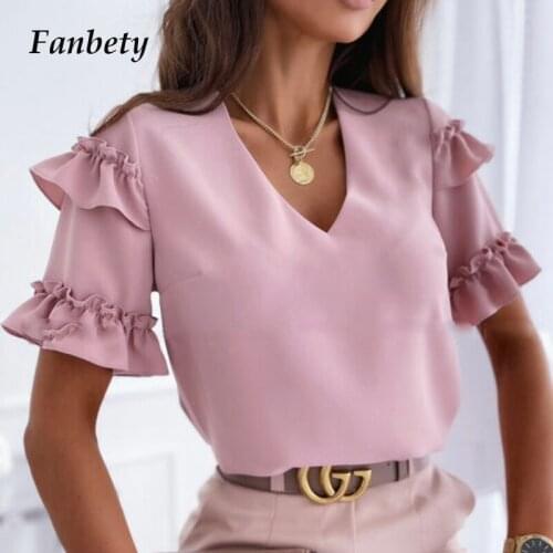 2021 Sexy V-neck Double Ruffles Blouse Women Summer Butterfly Short Sleeve Casual Shirts Vintage Solid Office Lady Tops Blusas