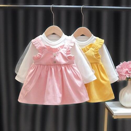 2021 Spring Girls Kids Princess Dress Ruffle Long Sleeve Children Baby Infants Casual Faux Two Piece Dresses Vestidos S11943