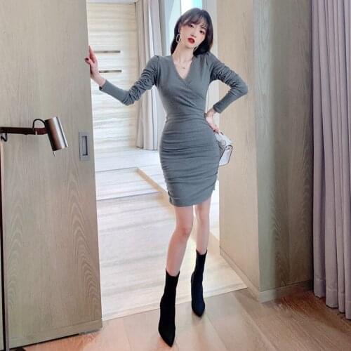 2021 Spring New Arrival Sheer Korean Dress Women Long Sleeve V-neck Corset Basic Dresses for Women Elegant Wrap Bodycon Dresses
