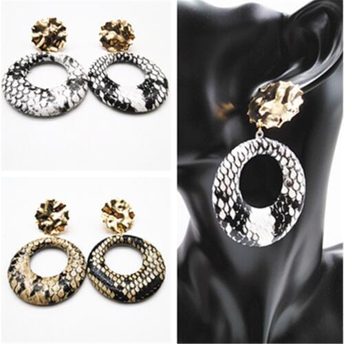 Big Round Gold Color Trendy Snake Leather Leopard Geometric Statement Earring Women Girl Hanging Fashion Jewelry Drop Earrings
