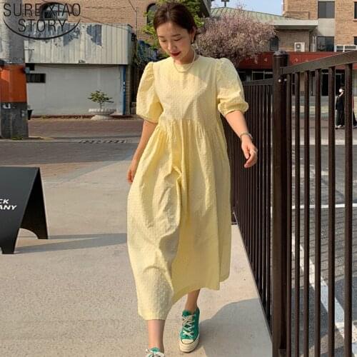 Elegant Female Dress Casual O-neck Puff-Sleeve Women White Long Dress 2021 Summer Oversize Dots Ladies Loose Vestidos Femme 9941