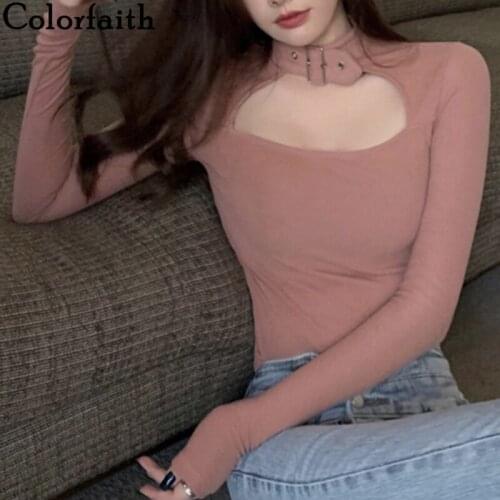 Colorfaith New 2021 Women Spring Autumn T-shirt Bottoming Basic Fashionable Korean Wild Slim Lady Cutout Sexy Short Tops T2599