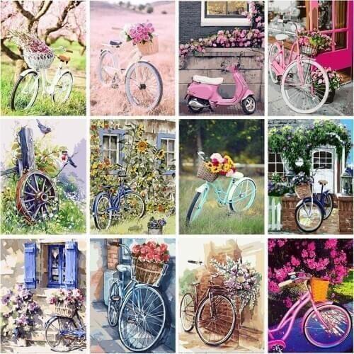 Gatyztory Diy Painting By Numbers Flower Bicycle Canvas Drawing Kits Gift Wall Decor 60×75cm Frame Handpainted