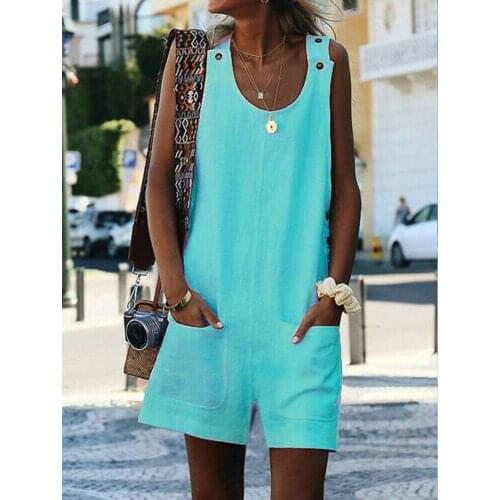 Women Playsuits with Pockets Solid Color Straps Loose Summer Romper Casual Ladies Beach Party Oversize Playsuits Femme
