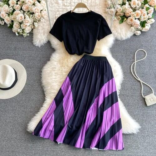 Korobov Korean Office Lady Women 2 Pieces Sets O Neck Short Sleeve Crop Blouses and Hit Color Striped Midi Skirts Suits