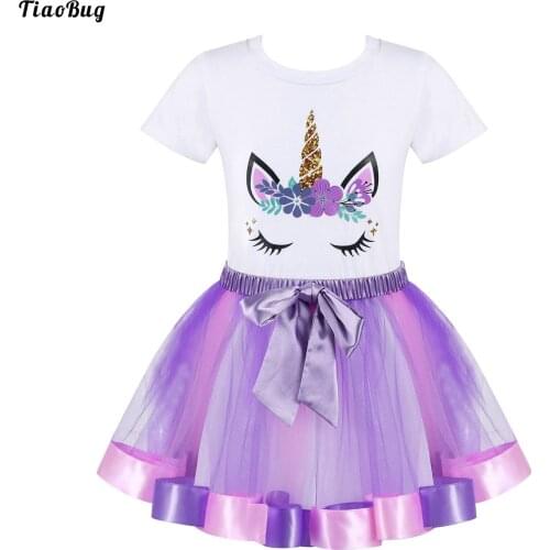 TiaoBug Summer 2Pcs Kids Girls Cute Suit Round Neck Short Sleeves Cartoon Horse Print T-Shirt With Mesh Tutu Skirt Set