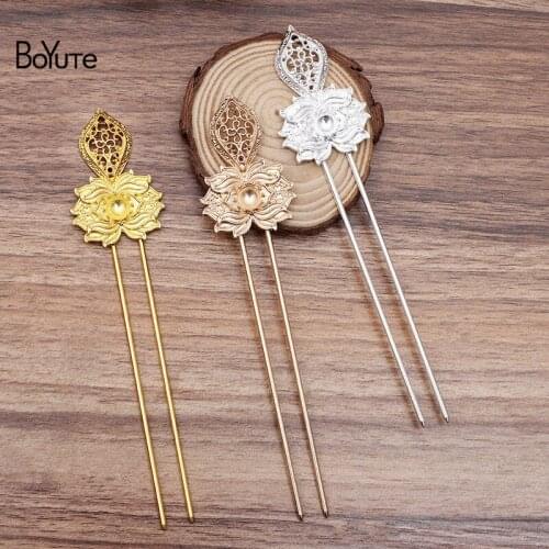 BoYuTe New Arrive 5Pcs 34*51MM Metal Flower Hair Stick with 8MM Blank Tray Diy Hand Made Hair Jewelry Accessories