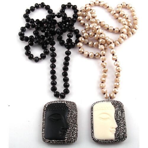 Fashion Bohemian Tribal Jewelry Crystal Glass Long Knotted Handmake Paved buddha face Pendant Necklaces Women Ethnic Necklace