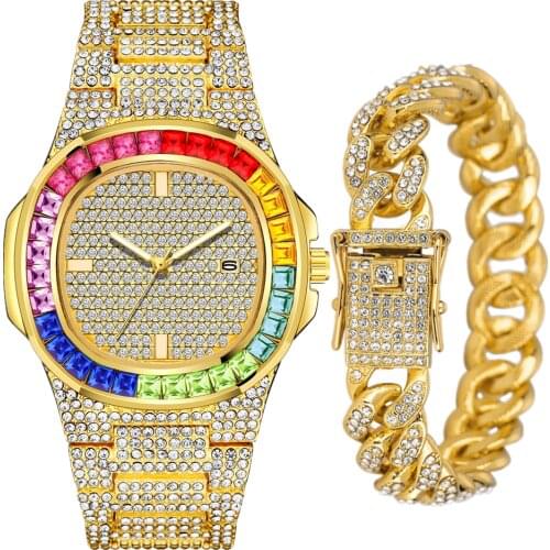 Watch with Cuban Bracelet for Men Women Top Brand Luxury Bling Calendar Iced Out Gold Watch High Quality Wrist Watch Mens Set