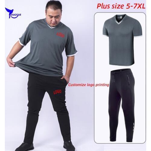 Customize LOGO Mens Sport Suits Clothing Plus Size 7XL T-shirts+Pants 2 Pcs Running Set Quick Dry Gym Fitness Workout Tracksuit