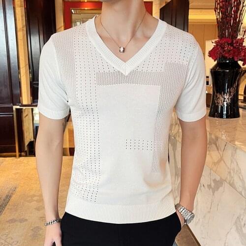 New Arrival Fashion Ice Silk Hollow Knitted Short Sleeve Mens Summer Thin V-neck Casual Men T Shirt Size M L XL 2XL 3XL