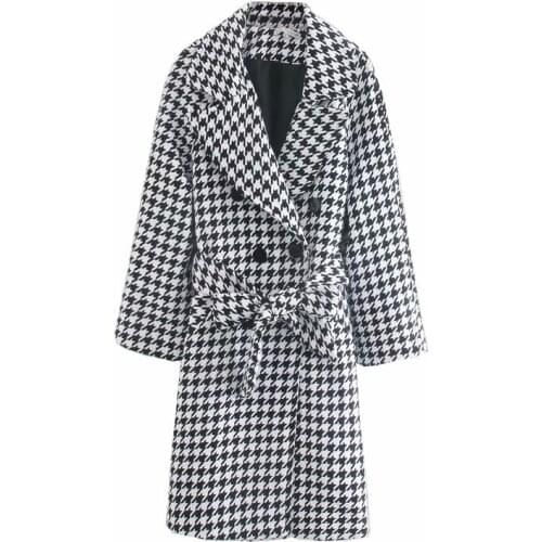 New Winter Coat Turn Down Collar Wool Coats Women Vogue Houndstooth Jackets Woman Coat Elegant Double Breasted Coats Female