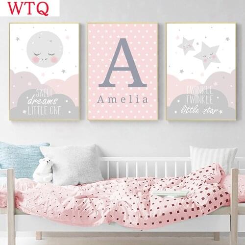 Cloud Star Moon Posters And Prints Custom Name Poster Painting Nursery Wall Art Print Pink Wall Pictures Baby Girl Room Decor