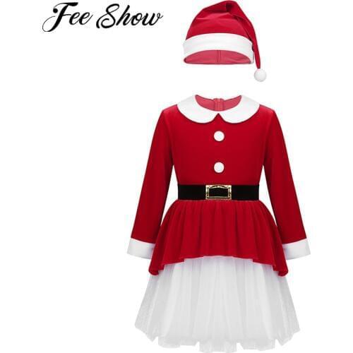 Red Kids Girls Xmas Dresses Soft Velvet Long Sleeves Belt Mesh Dress with Hat Set Children Santa Claus Cosplay Christmas Dress