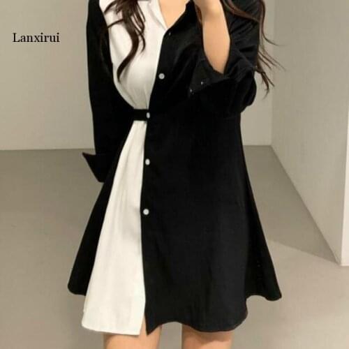 Women Autumn Black White Patchwork Bandage Shirt Dress Ladies Sexy A-line Elegant Mini Dresses Long Sleeve Robe Femme