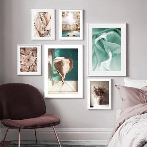 Simple Style Landscape Green Posters Prints Hat Wall Art Nordic Canvas Womans back Pictures for Living Room Home Decor