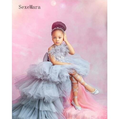 Luxury Gray High Low Flower Girl Dress With 3D Floral Appliques Beading Bow Tiered Tulle Kids Prom Dress Size 1-14Y