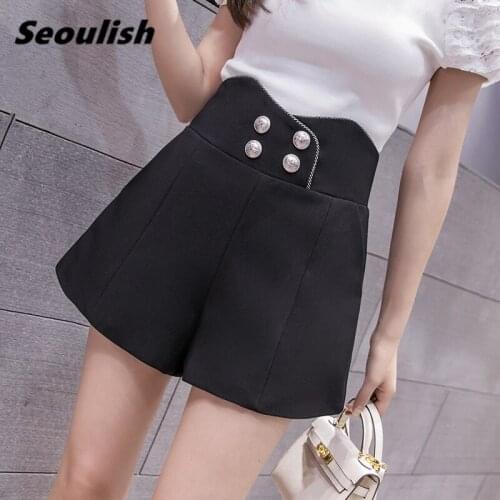 Seoulish Summer 2021 New Buttons Formal Womens Shorts Black High Waist Office Wide Leg Shorts Elegant A-line Trousers Pocket
