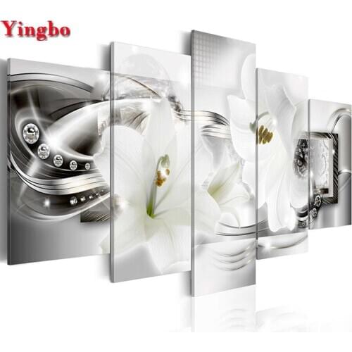 Full Rhinestone embroidery,5 Panel White lily,hot sale diamond painting Cross Stitch kit diamond mosaic wedding decoration