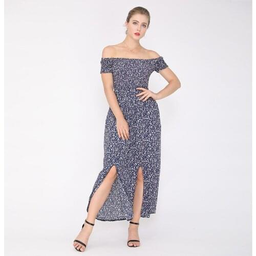 Thin Slash Neck Off The Shoulder Sexy Party Dress Floral Print Hem Split Long Beach Casual Summer Dresses Women Clothing TJR254