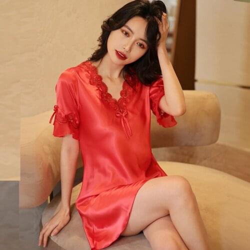 Red Ladies Sweet Lace Bow Trim Nightdress Sexy V-Neck Short Nightgown Loose Sleepwear M-XXL Summer New Faux Silk Home Dress