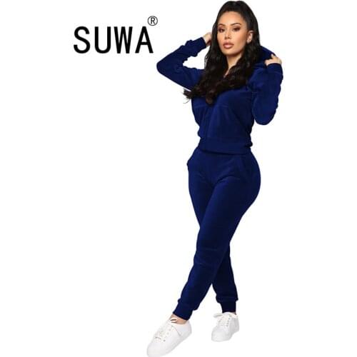 2020 Autumn Women Velvet Tracksuit Long Sleeve Hooded Jacket Top and Sporty Jogger Sweatpants Velour Two Piece Matching Outfits