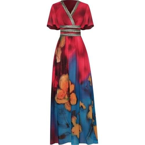 Princess Women Long Dress 2021 Summer Ladies V-Neck Big Floral Print Embroidery Short Sleeve High Waist Red Green Maxi Dress