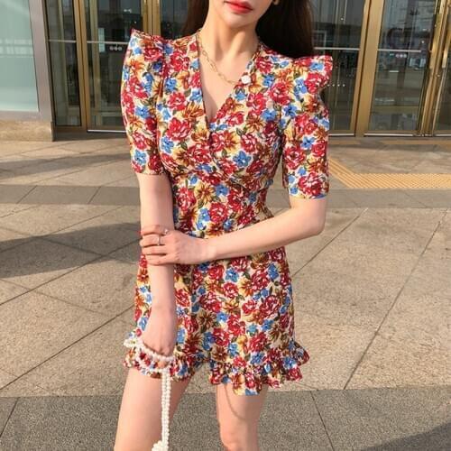New arrival fashion beach dress women elegant korean style summer puff sleeve sweet temperament print trend slim mermaid dress