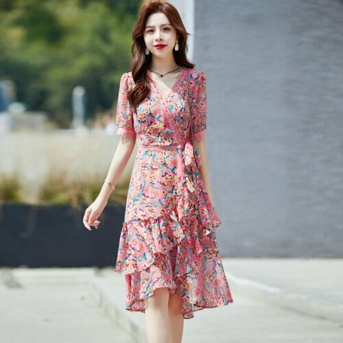 Summer Elegant Printed Vintage Short Sleeve Women New Net Yarn Sexy V-neck Floral Plus Size Chiffon Cocktail Dresses 7740