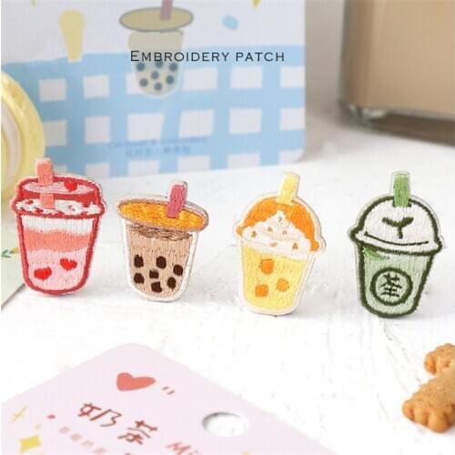 AHYONNIEX 1 Piece Embroidered Cute Milk Tea Drink Patches Clothes Bags DIY Applique Embroidery Parches Iron On Patch for Clothes