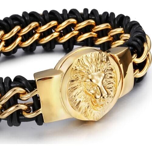 106g heavy Free shipping!Top Quality Mens gifts wheat genuine leather Stainless Steel Gold lion Head Bracelet bangle 17mm 8.66