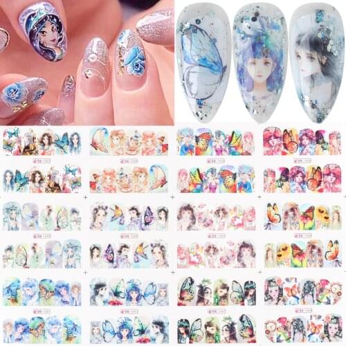 12 Designs Charm Anime Girl Water Decals Goddess Nail Art Sticker Butterfly Full Cover Slider Manicure Accessories LYBN1657-1668