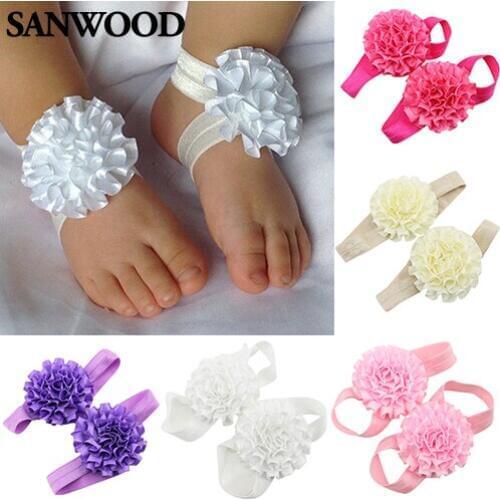 2Pcs Baby Infant Toddler Girl Ribbon Flowers Barefoot Sandals Sock Toe Shoes 9IH1