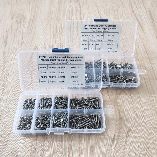 400pcs DIN7981 DIN7982 A2 Stainless Steel Phillips Pan Head Flat Head Self Tapping Screws Assortment Kit