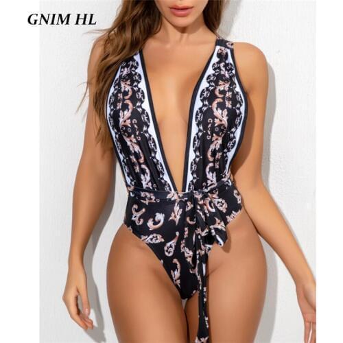 Bandage Swimwear Women One Piece Print Bikini Mujer 2020 Summer Cross Neck Backless Swimsuit Biquini Set Beachwear Bather Suit