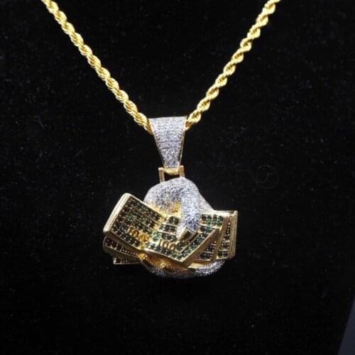 Hip-hop, European and American two-color pendant necklace with money in hand bronze zircon color mens jewelry