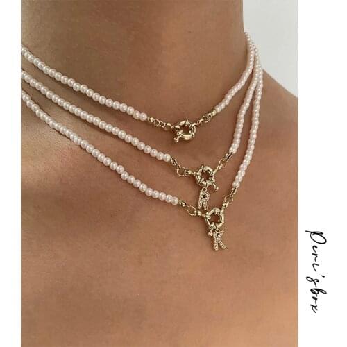 Perisbox Delicate Sparkly Zircon A-Z Alphabet Initial Necklace Gold Color Toggle Clasp Shell Pearls Choker For Women