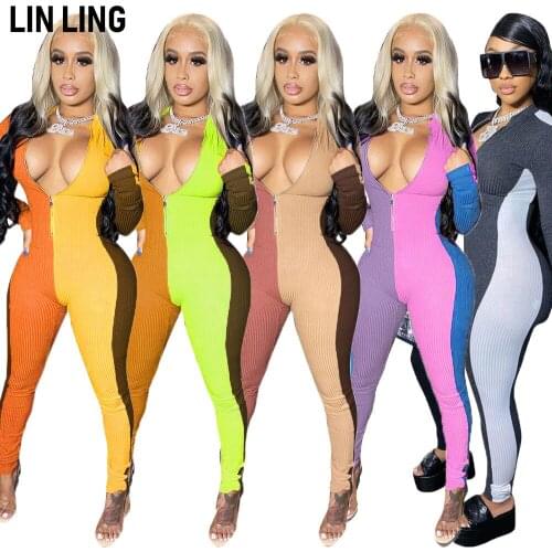 LINLING Long Sleeve Splicing Pit Zipper Color Matching Jumpsuit Slim Fit Sports Casual Jumpsuit Work Suit 2021 Fall Fashion