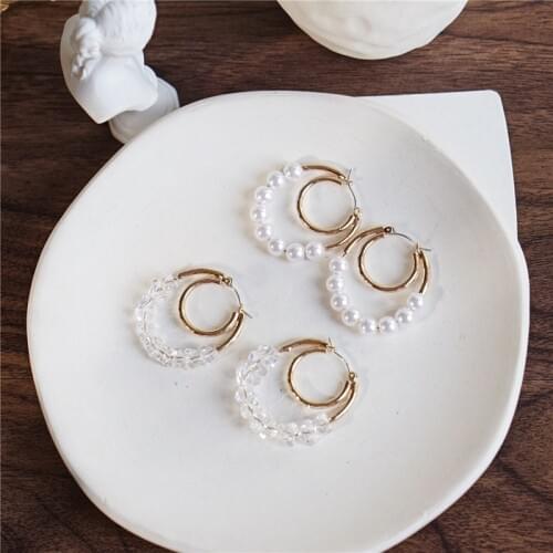 Korean Sweet Shiny Simulated Pearl Crystal Earrings Gold Color Metal Layed Cricle Hoop Earrings for Women Wedding Bridal Jewelry