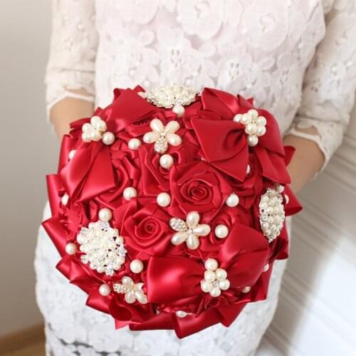 Bridal Bouquets Red Roses Pearl Wedding Artificial Flower Bouquet Romantic Wedding Bling Brides Ramo De Novia