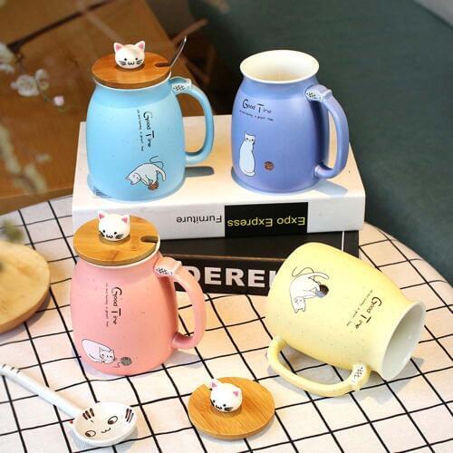 Creative Girard Ceramic Drink Cup Cute Stereo Cat Mug Milk Cup Cartoon Breakfast Cup with Cover and Spoon