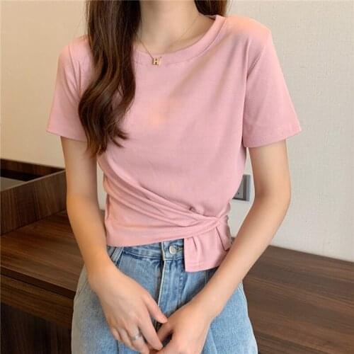 Summer New Cotton T Shirt Womens Shirring Solid Basic Simple Short Tops Female O Neck Slim Thin Short Sleeve Casual Tee T-Shirt