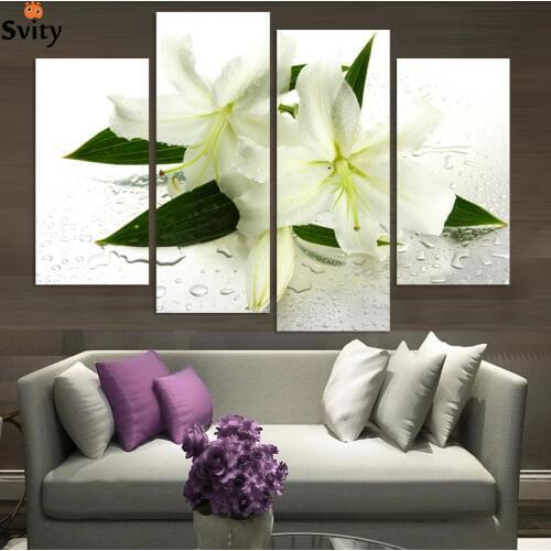 Hot sell 4 panels lily flowers modern art canvas wall paintings wall pictures for living room canvas prints cuadros decorativos