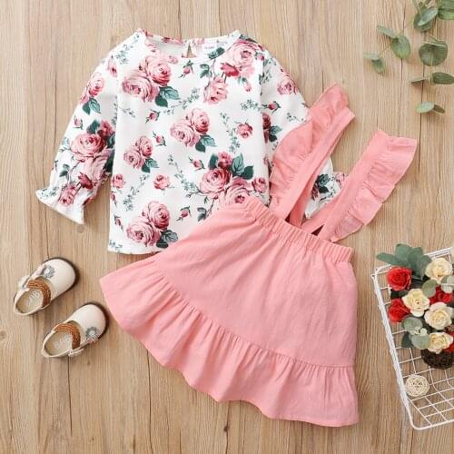 2021 0-5Y Fall Kids Baby Girl Clothing Rose Print Long Sleeve O-neck T-shirt+Solid Color Short Suspender Skirt Toddler 2pcs Set