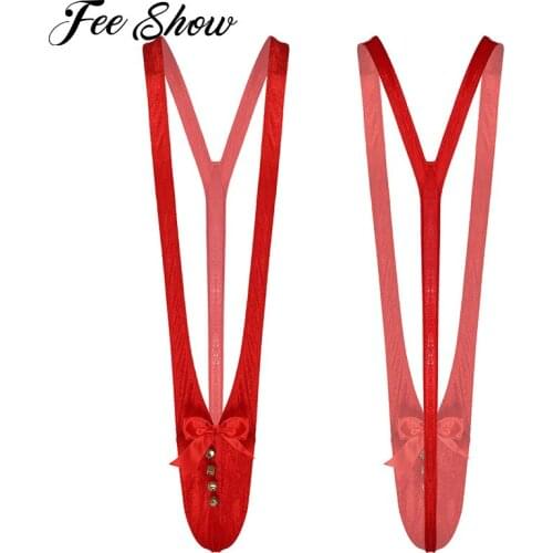 Men Christmas Thong Brief Bowknot Bell Decor Velvet Bulge Pouch Mankini Bodysuit Nightwear One-piece Wrestling Singlet Underwear