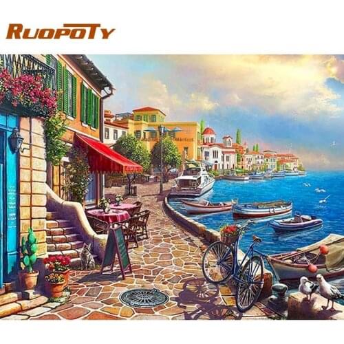 RUOPOTY Seaside Village Landscape Oil Painting By Numbers For Adults HandPainted Unique Diy Gift Home Living Room Wall Decor Art