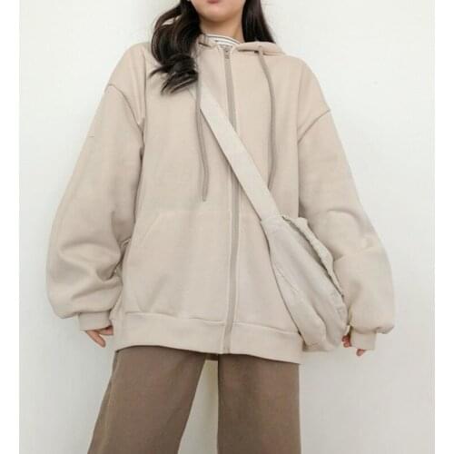 Autumn Winter Women Hoodies Korean Vintage Solid Color Long Sleeve Plus Sized Thicken Sweatshirt Female Casual Large Coats A021