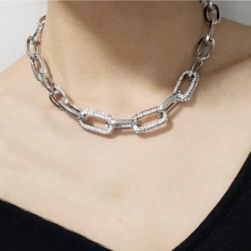SRCOI Simple Thick Chain Crystal Choker Necklace Minimalist Gold Silver Color Shiny Rhinestone Toggle Clasp Necklace Women