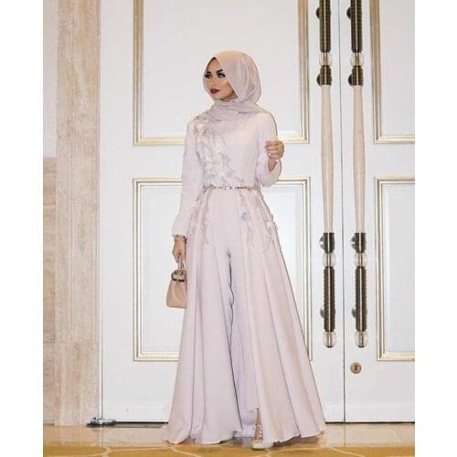 Ivory Long Sleeve Muslim Evening Dress 2020 Embroidery robe soiree Islamic dubai Hijab Evening Gowns Pantsuit Formal Prom Dress