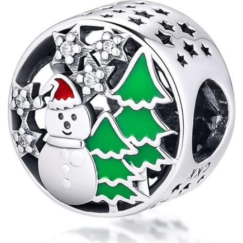 925 Sterling Silver Snowy Wonderland Snowman Charm,White,Red & Green Enamel Fits Bracelet Charms for Making Jewelry Christmas